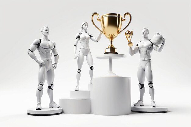 Photo 3d illustration white people winner on sports podium with trophy isolated white background