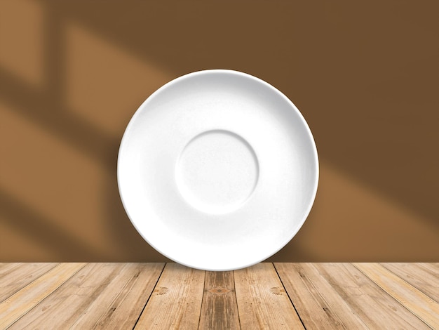 3D illustration White plate isolated on wooden background Front view