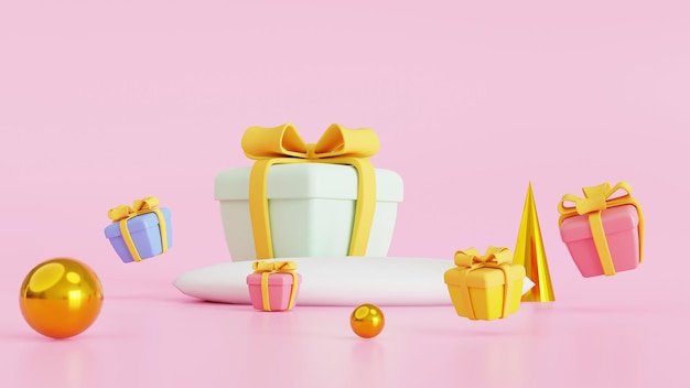 Illustrazione 3d podio bianco su sfondo rosa confezione regalo colorata ed elementi di design regalo