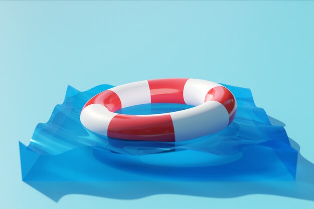 3d illustration of a white and red lifebuoy floats in the clear water. emergency lifebuoy 