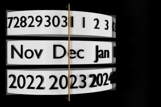 Photo 3d illustration white stripe calendar with 12 months 31 days and 20232024 year on black background modern calendar month