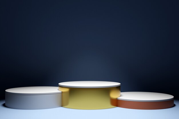 3d illustration of a white winners round podium with spotlights on blue  isolated background.