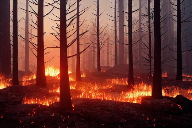 3d illustration of wildfire burning through a forest disaster catastrophe