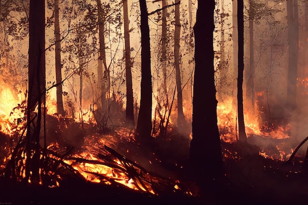 3d illustration of wildfire burning through a forest disaster catastrophe