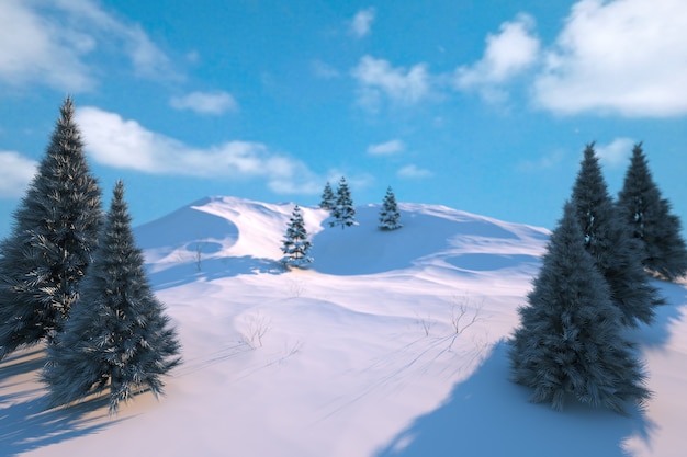 Illustrazione 3d di un paesaggio invernale con alberi di natale verdi in cumuli di neve