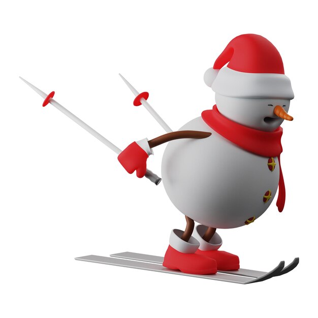 3D illustration Winter Skiing 3D Snowman Cartoon Character showing cool moves while skiing