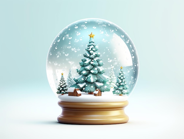 3d illustration of winter snow globe with fir on light blue background