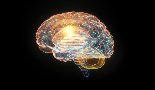 Illustrazione 3d del cervello umano digitale wireframe su sfondo nero intelligence brainstorm e concetto di tecnologia delle scienze neurali