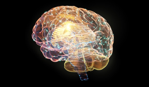 검은 배경에 와이어 프레임 디지털 인간 두뇌의 3d 그림 지능 브레인 스토밍 및 신경 과학 기술 개념