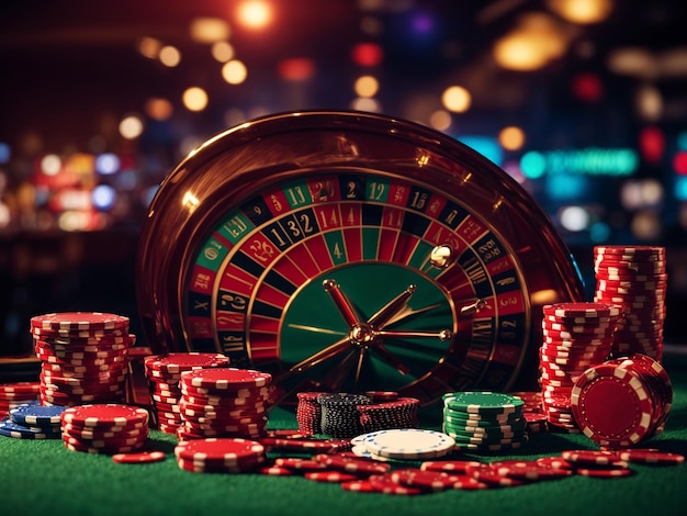 3d illustration with dynamic casino game background and craps roulette and poker cards
