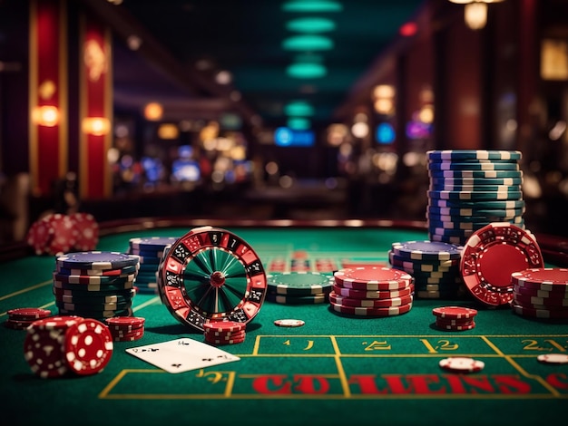 3D illustration with dynamic casino game background and craps roulette and poker cards