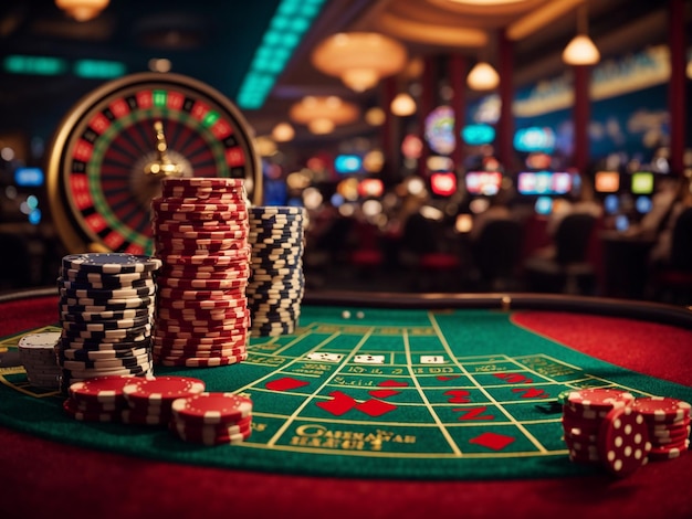 3D illustration with dynamic casino game background and craps roulette and poker cards
