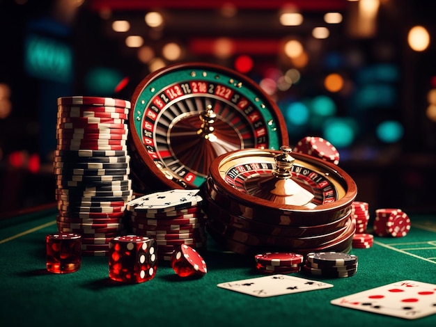 3D illustration with dynamic casino game background and craps roulette and poker cards
