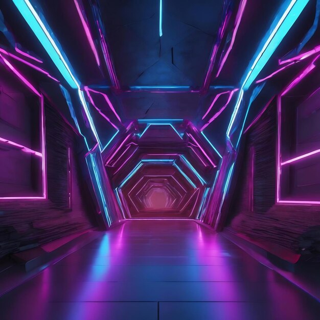 3d illustration with futuristic tunnel in triangle shape with blue neon illumination in 4k uhd