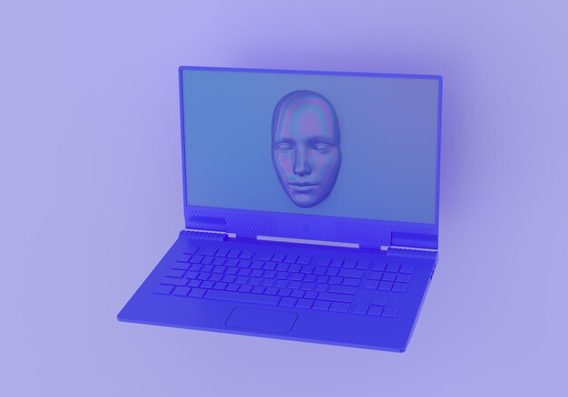 3d illustration with a laptop and a face appearing from its\
screen concept of cybersecurity