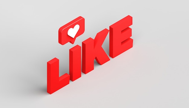 Photo 3d illustration with text like and social media notification icon with heart. background.