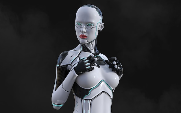 3d illustration of A woman AI cyborg pose on black background with clipping path AI project