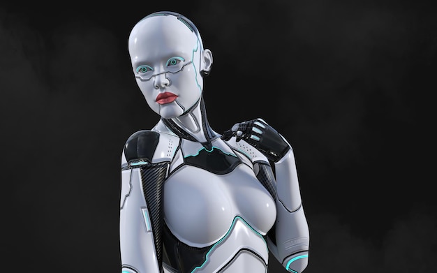 3d illustration of A woman AI cyborg pose on black background with clipping path AI project