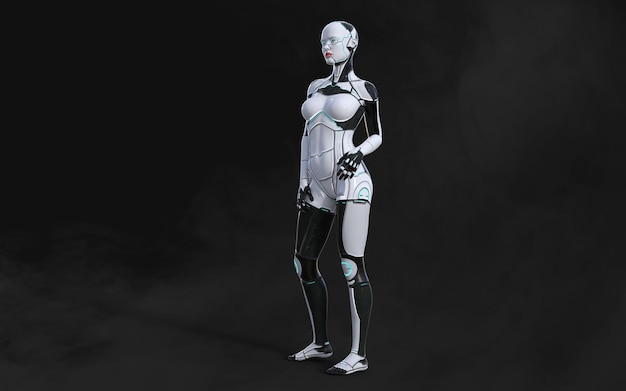 3d illustration of A woman AI cyborg pose on black background with clipping path AI project