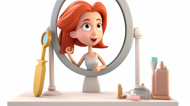 Photo 3d illustration woman looking at bathroom mirror