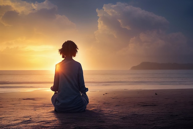 3d иллюстрация женщины в позе лотоса, медитирующей и дышащей на пляже на закате