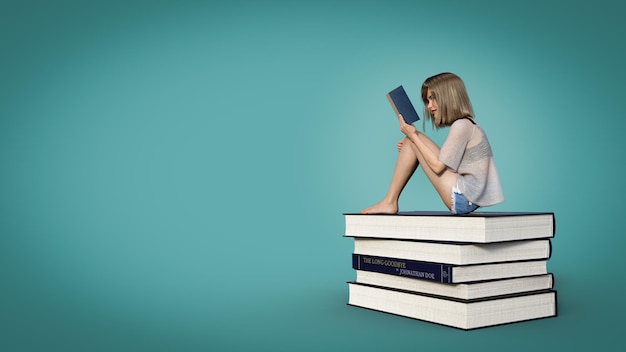 3d 그림 책 더미에 앉아있는 동안 책을 읽는 여자 3D 렌더링