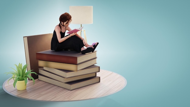 Photo 3d illustration woman reading a book while sitting on stack of books 3d render