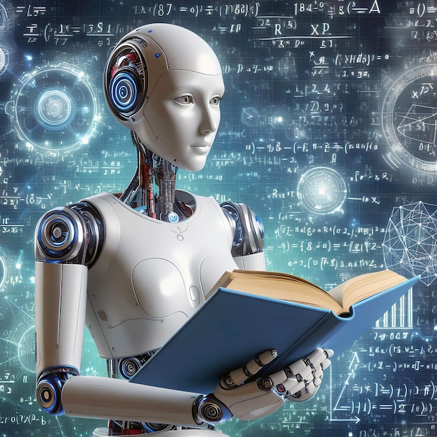 3D-иллюстрация женщины-робота, читающей книгу и решающей математические анализы данных в концепции
