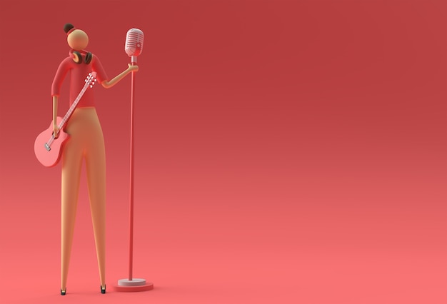 3D illustration Woman Singer with a guitar and microphone Cartoon 3D Render Design.