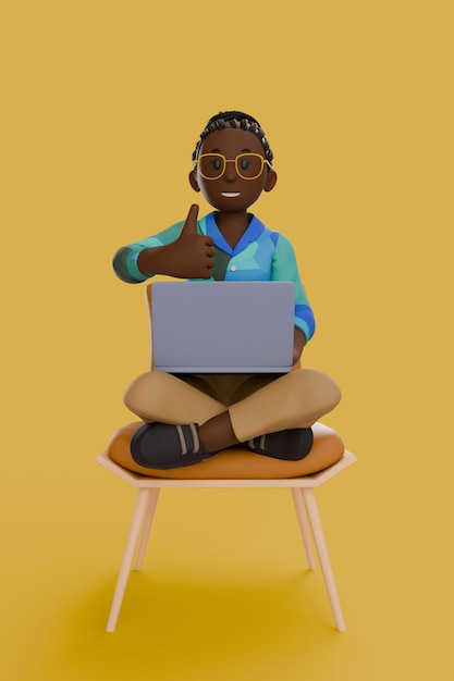 3d illustration of woman working on laptop and give thumb up