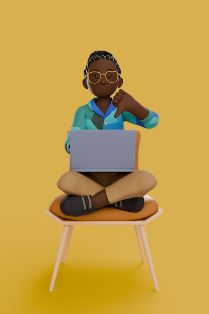 3d illustration of woman working on laptop while give dislike gesture with left hand