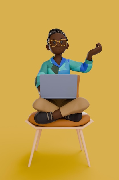 3d illustration of woman working on laptop while raised his left hand with a plucky gesture