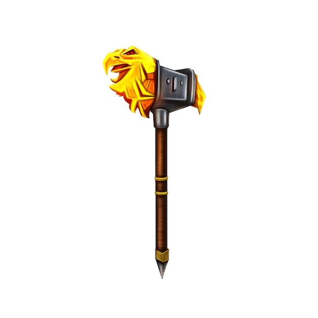 3d illustration of a wooden axe with a fiery eagle isolated on white background. Gaming Assets.