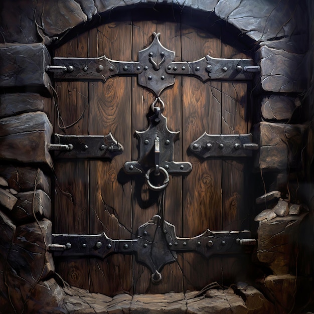 Photo 3d illustration a wooden door in dungeon wall