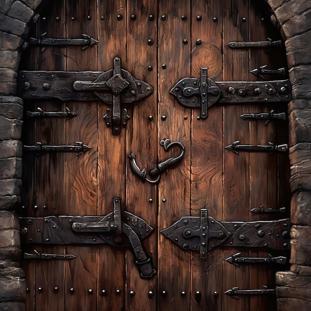 3D illustration a wooden door in dungeon wall