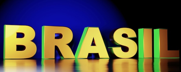 3d illustration of the word brazil in green and yellow on mirrored surface and gradient blu