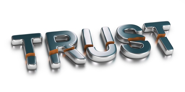 Photo 3d illustration of the word trust broken in two parts over white background, business concept of untrusted company or unreliability.
