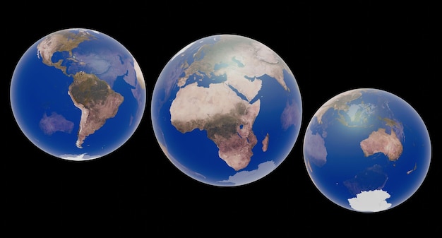 3d illustration of world map in three side by side translucent spheres isolated on black