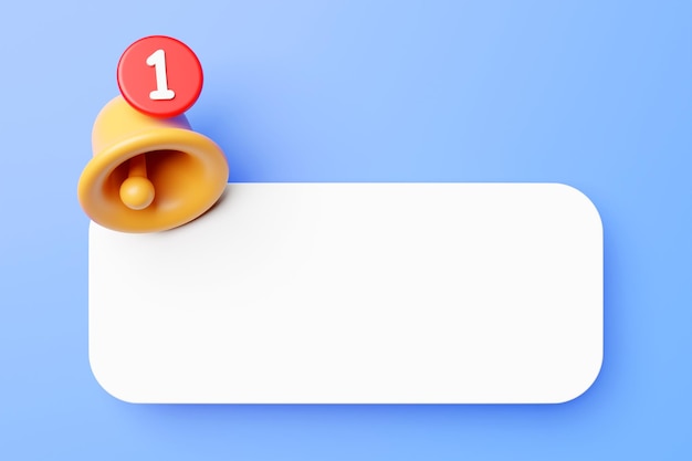 3D иллюстрация желтого колокольчика с новым уведомлением о напоминании в социальных сетях на синем фоне
