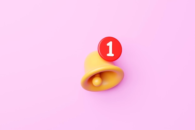 3D illustration of a yellow bell with a new social media reminder notification on pink background