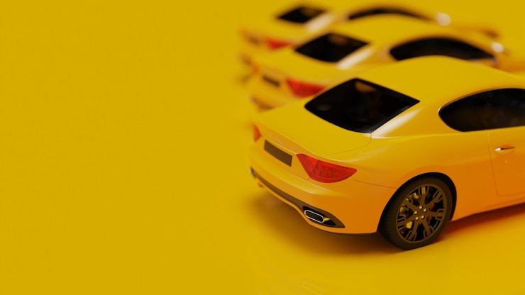 Фотография 3d иллюстрации желтых автомобилей на желтой поверхности