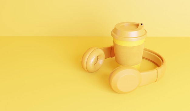 3D иллюстрации Желтые наушники и чашка кофе на желтом Bacjground. Музыкальная концепция