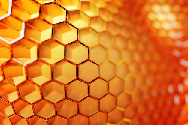 3d illustration of a yellow honeycomb monochrome honeycomb for honey. Pattern of simple geometric hexagonal shapes, mosaic background. Bee honeycomb concept, Beehive