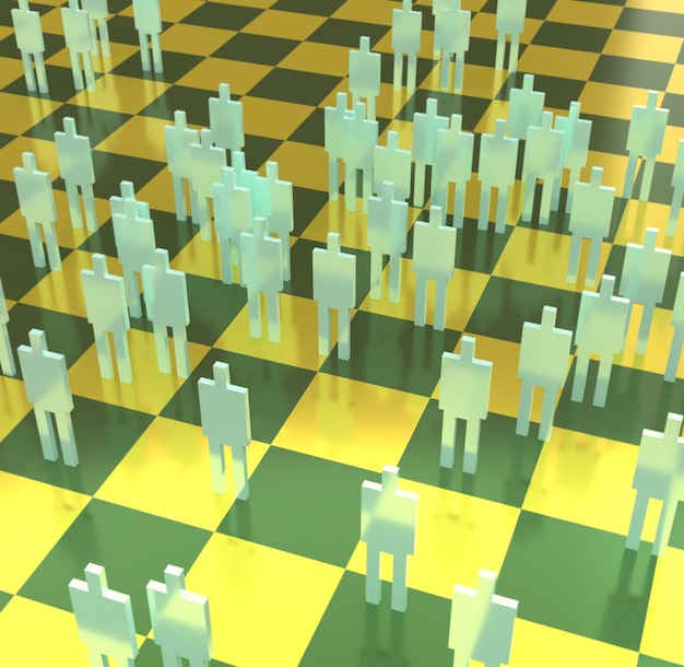 3d illustration of yellow male silhouettes on blurred green and yellow chessboard