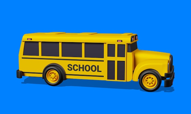 Photo 3d illustration of yellow school bus on blue color background 3d design