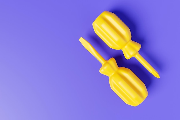 Illustrazione 3d di un cacciavite giallo in stile cartone animato su uno sfondo viola isolato strumento di falegnameria a mano per negozio di bricolage
