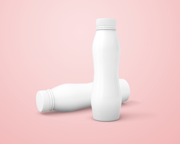 3D Illustration. Yogurt bottles mockups isolated on pink background.