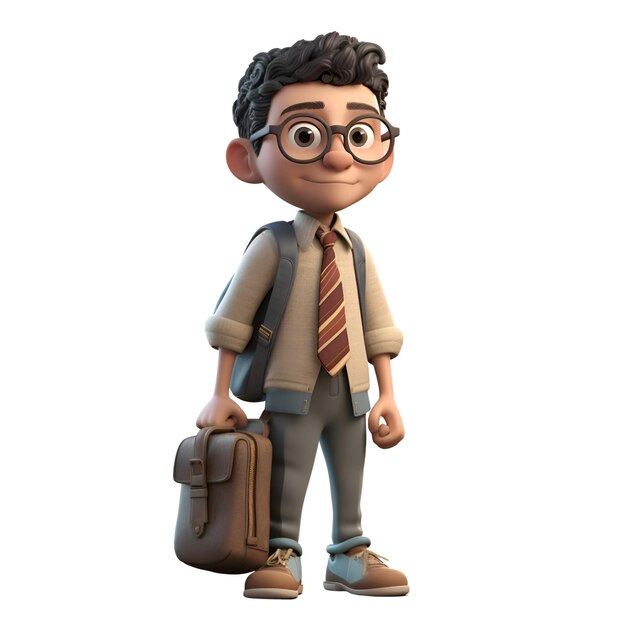 3D illustration of a young boy with a briefcase and glasses