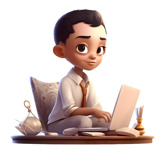 3D illustration of a young businessman sitting at his desk with a laptop