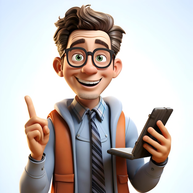 3D illustration of a young businessman with mobile phone pointing finger up